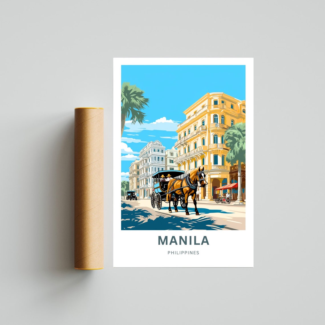 Manila Philippines Horse Carriage Historic Street Scene Art Poster - Image 4
