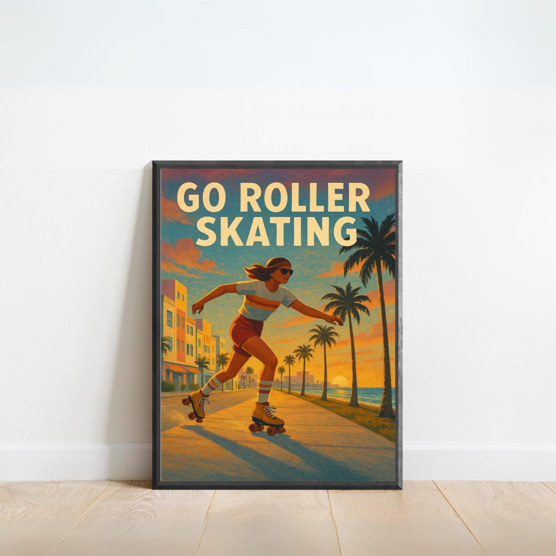Go Roller Skating Vintage Beach Boardwalk Retro Sunset Sports Poster