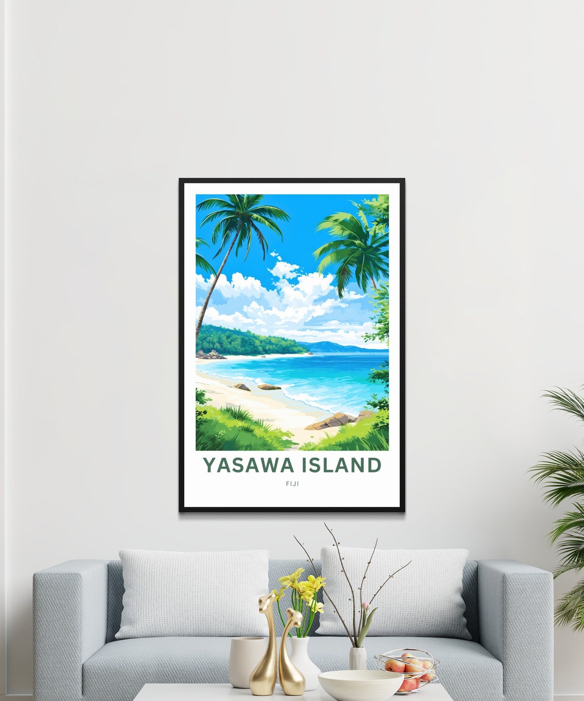 Yasawa Island Fiji Leaning Palms Tropical Surf Beach Scene Poster - Image 3