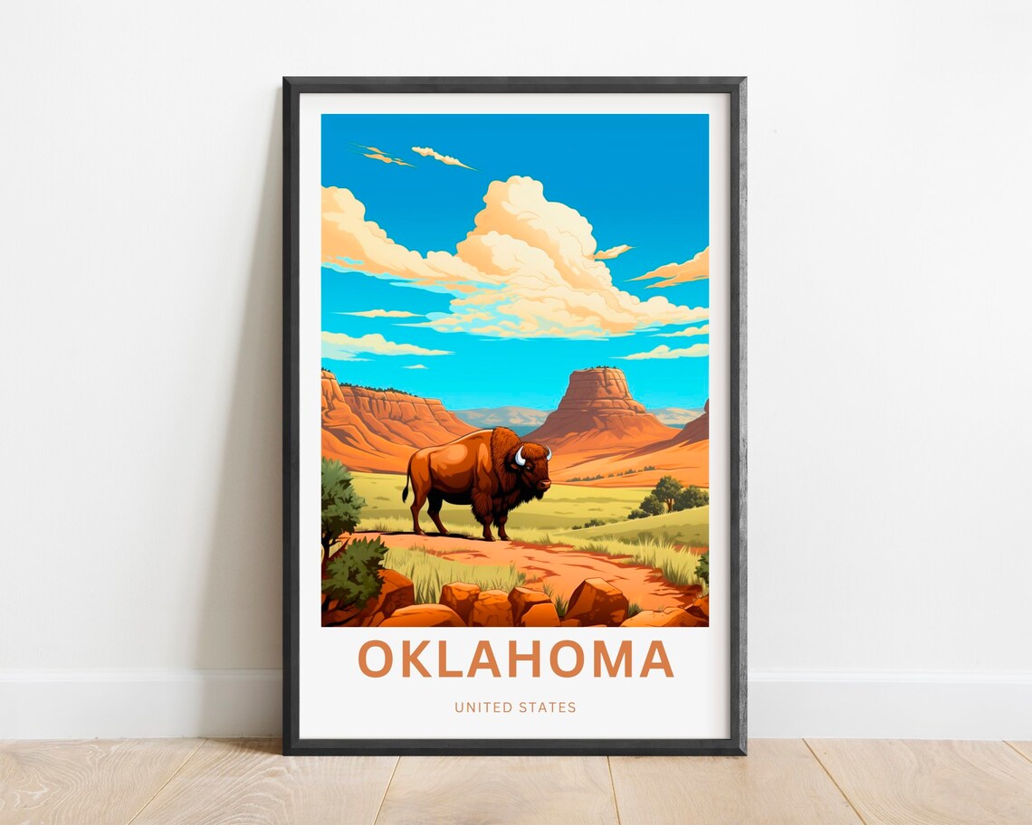 Oklahoma United States Bison Prairie Sunset Red Rocks Travel Poster