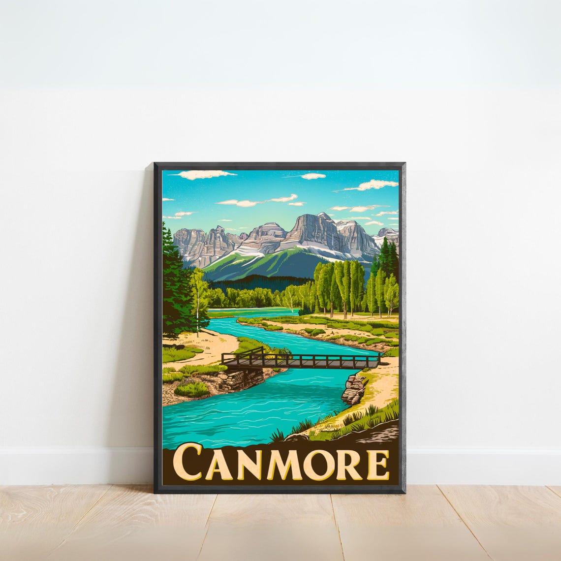 Canmore Canada Vintage Mountain River Poster Rocky Peaks Bridge Scene
