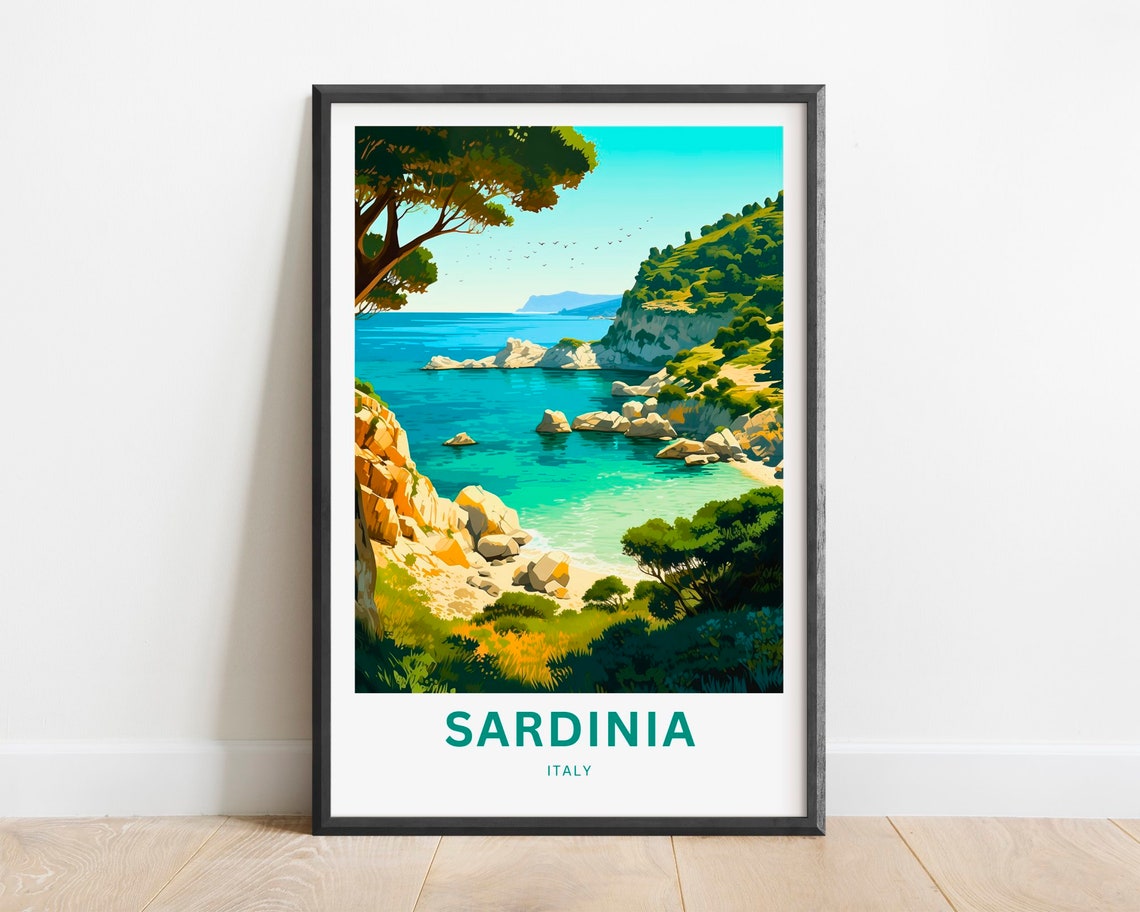 Sardinia Italy Turquoise Cove and Rocky Cliffs Travel Poster