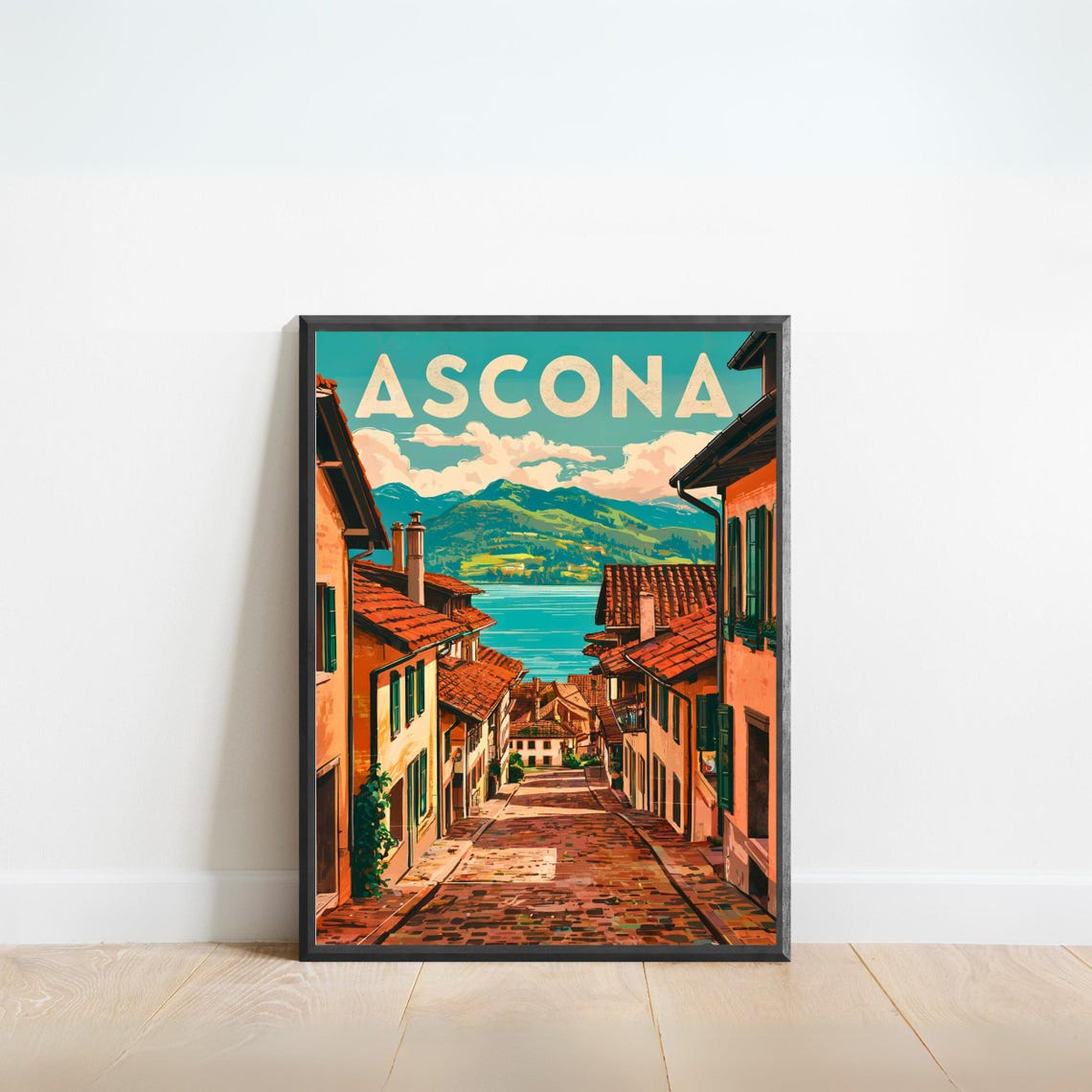 Ascona Bold Lettering Cobblestone Lane Lake Mountains Travel Poster