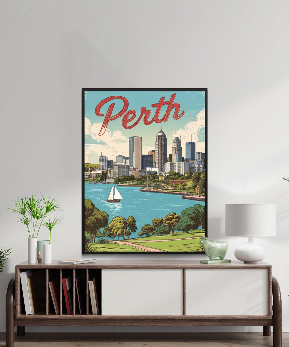 Perth Australia Vintage Skyline Sailboat Swan River Travel Poster - Image 2