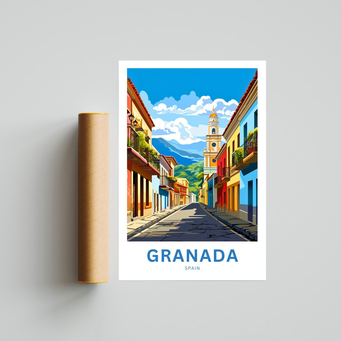 Granada Spain Colorful Old Street Bell Tower Mountains Travel Poster - Image 4