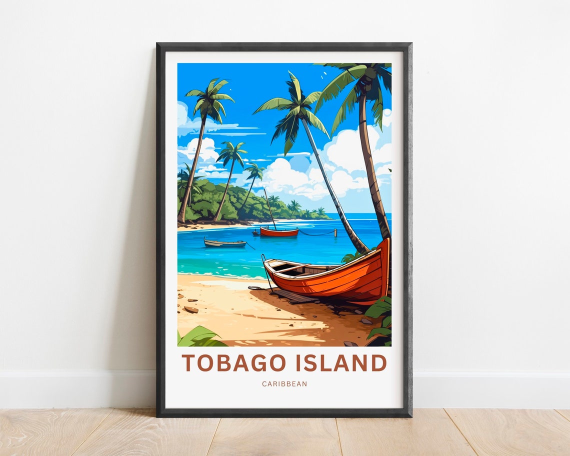 Tobago Island Caribbean Beach Orange Rowboat Tropical Travel Poster