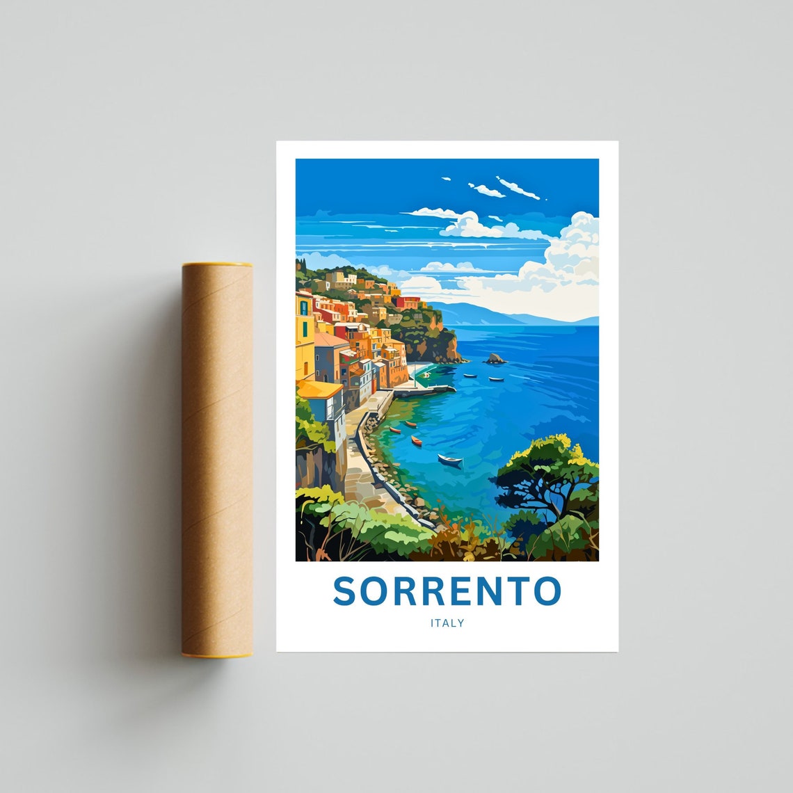 Sorrento Italy Boats Harbor View Blue Sky Sunny Retro Poster - Image 4