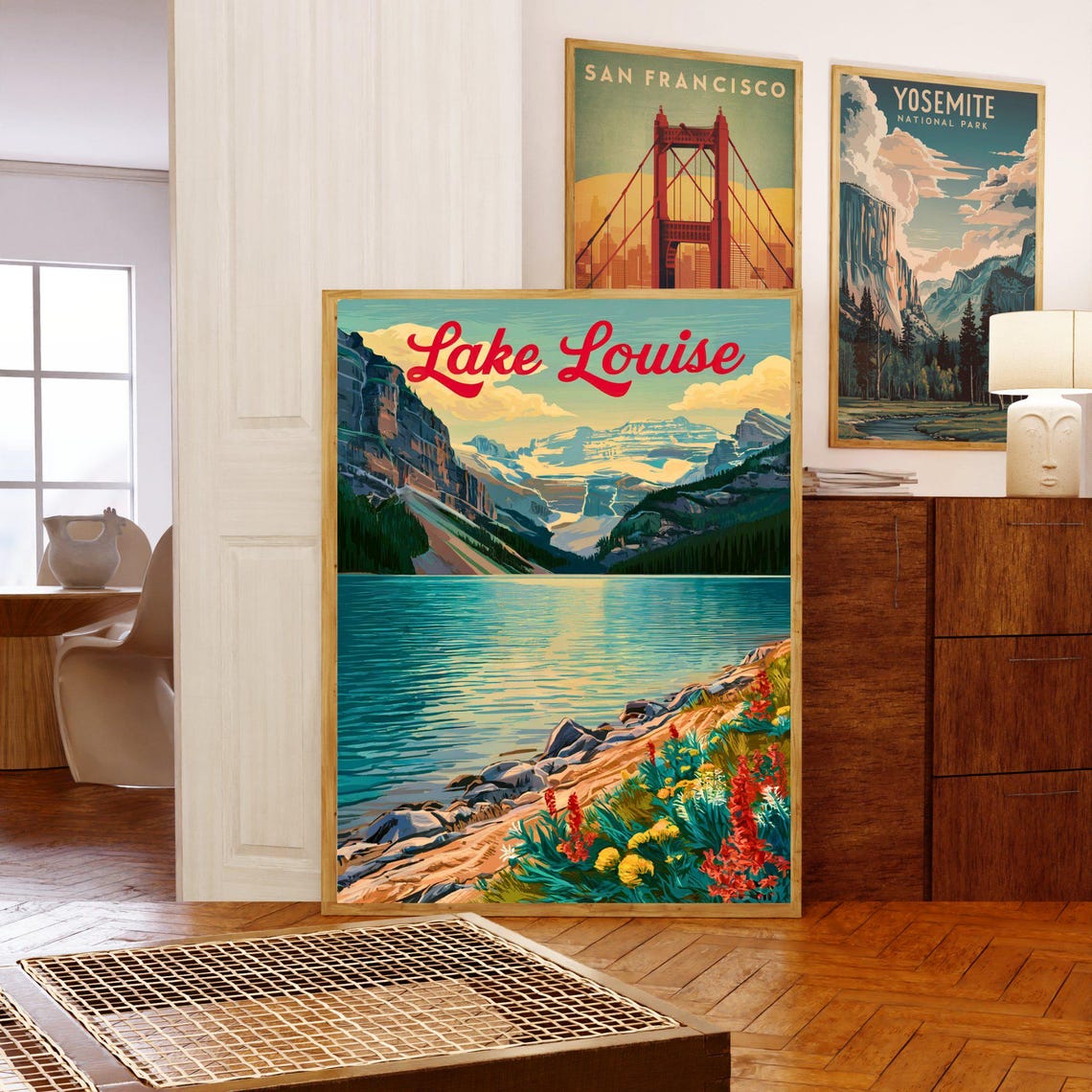 Lake Louise Rocky Shoreline Red Blooms Turquoise Water Vintage Poster - Image 5