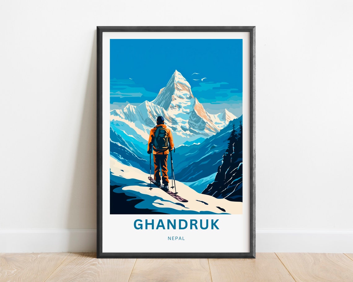 Personalized Ghandruk Nepal Custom Text Snowy Mountain Skier Poster - Image 2