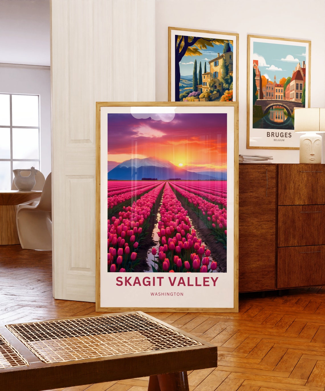 Skagit Valley Washington Pink Tulip Field Mountain Travel Poster - Image 5