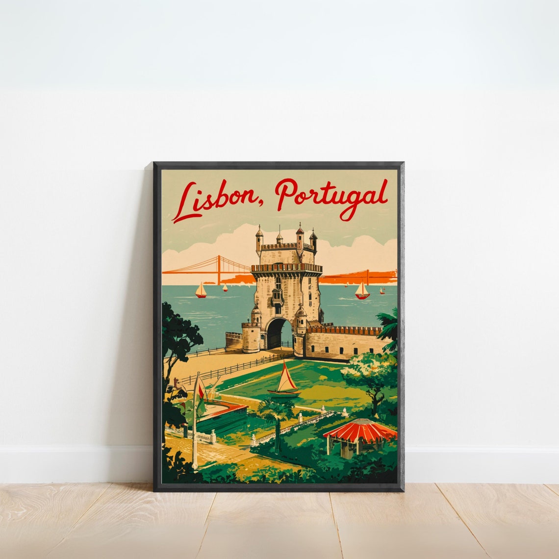 Lisbon Portugal Retro Belem Tower Script Style Travel Poster