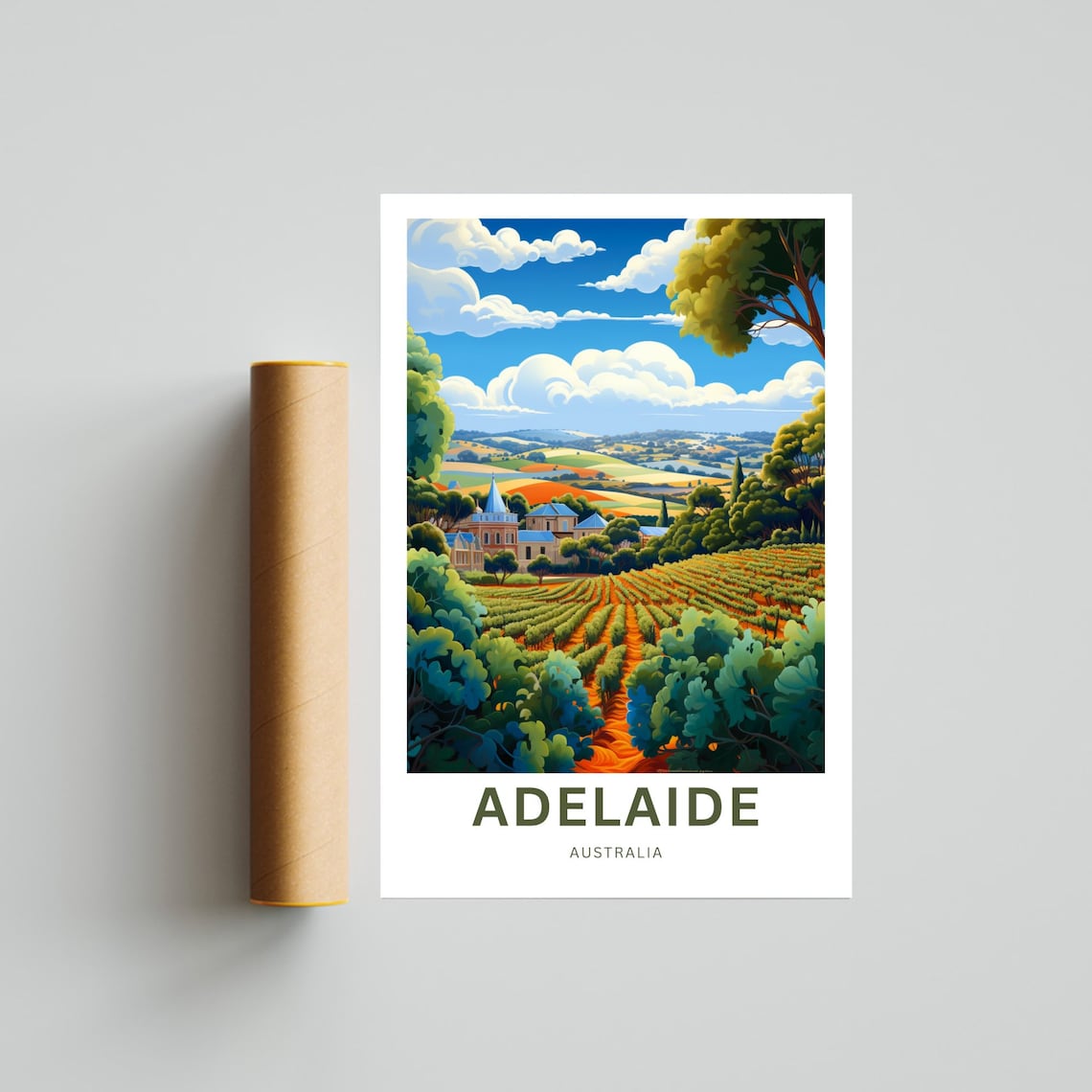 Adelaide Australia Rolling Vineyard Country Church Travel Poster - Image 4