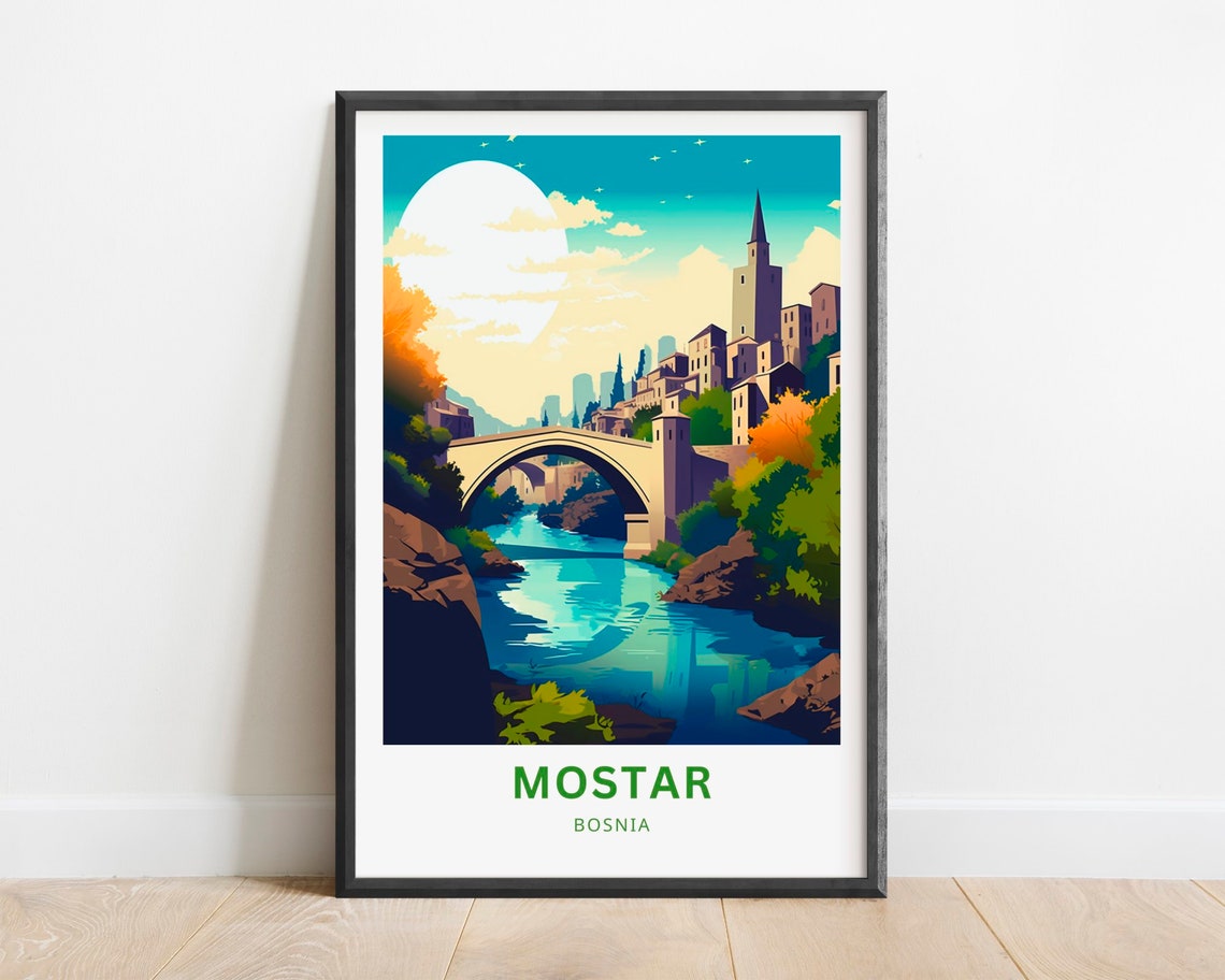 Mostar Bosnia Stari Most Old Bridge River Sunset Travel Poster