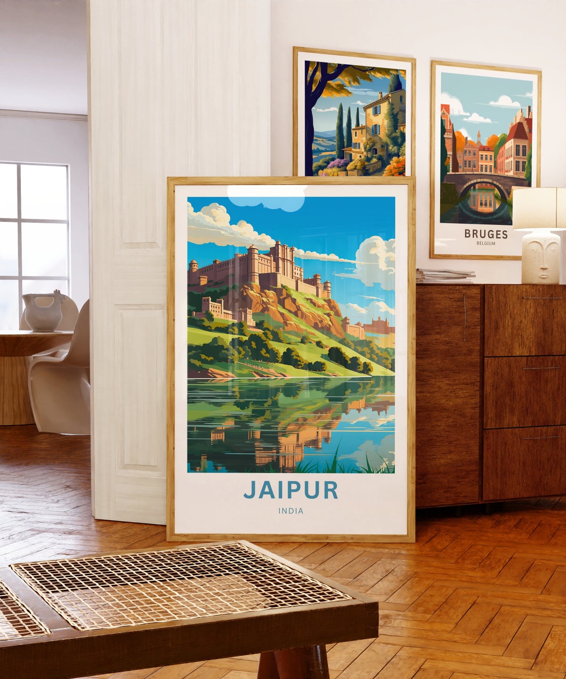 Jaipur India Hill Fort Above Lake Royal Palace Reflection View Poster - Image 5