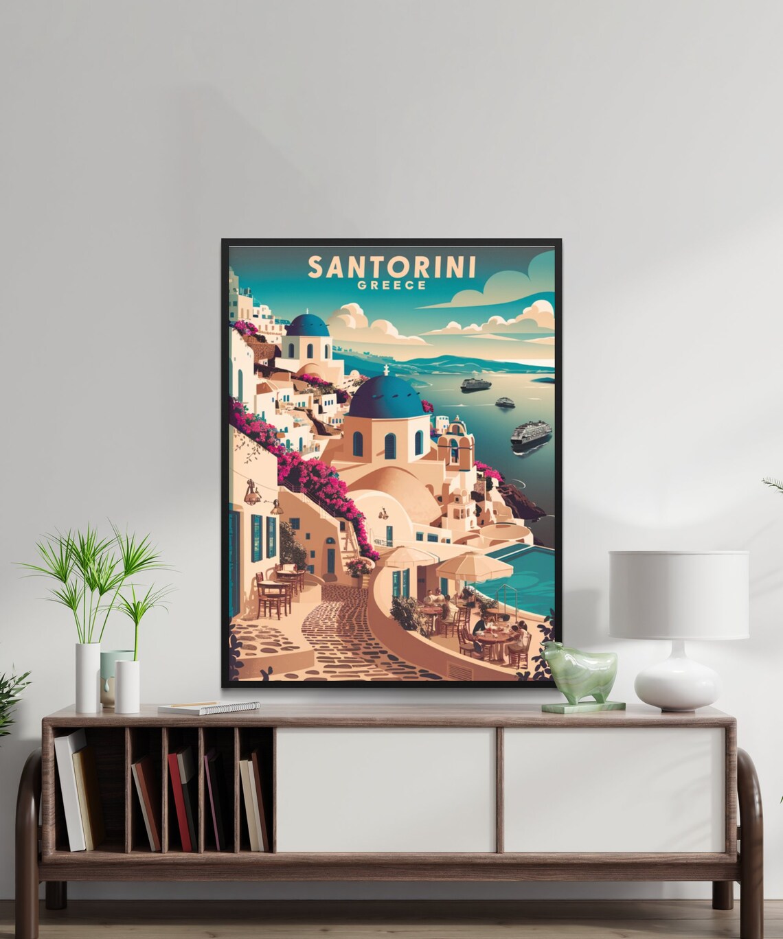 Santorini Greece Vintage Blue Domes Aegean Village Scenic Poster - Image 2