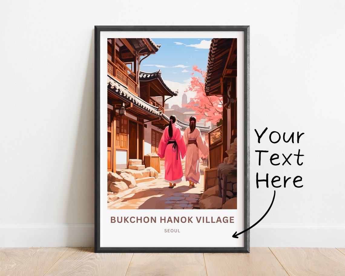 Personalized Bukchon Hanok Village Seoul Hanbok Walk Scene Poster
