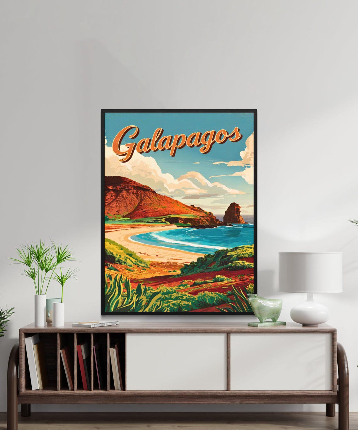 Galapagos Islands Vintage Beach Cove Volcanic Hills Travel Poster - Image 2