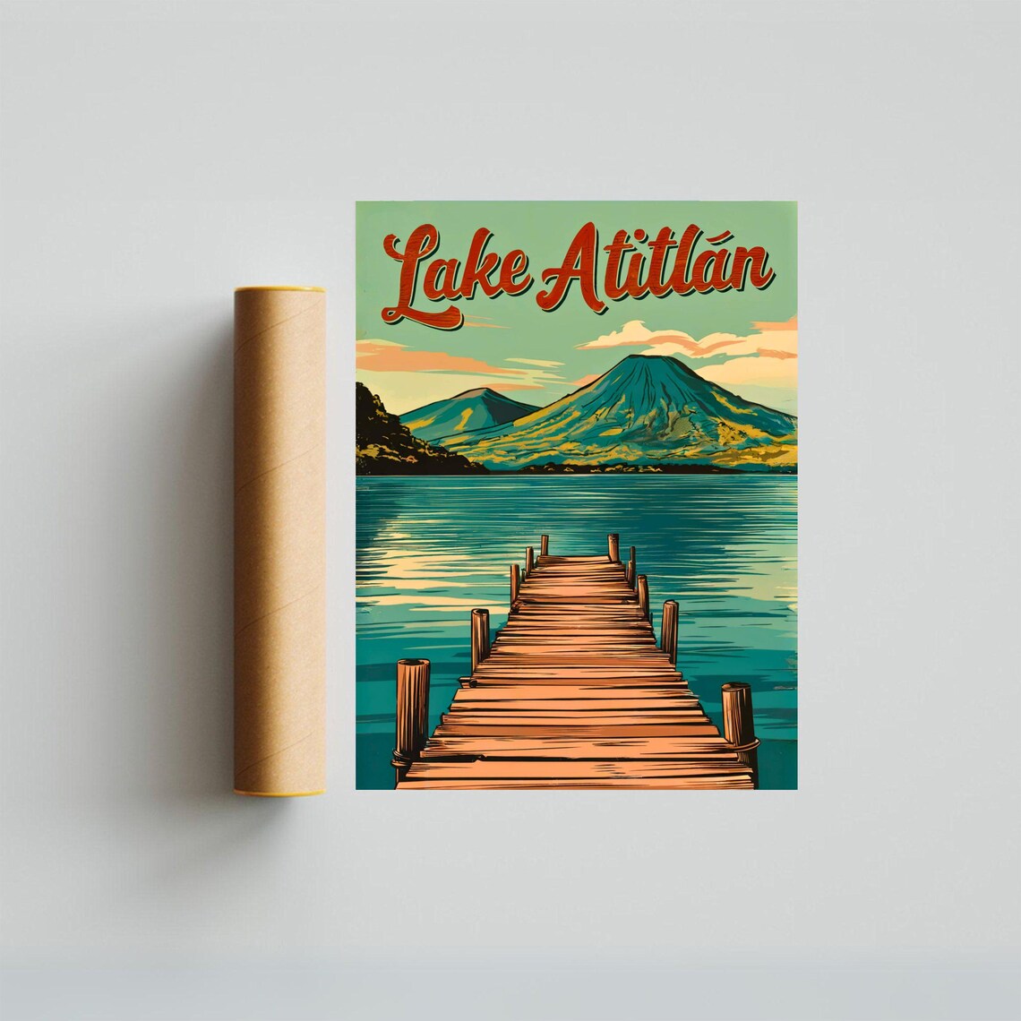 Lake Atitlan Wooden Pier Vintage Volcano Mountain Lake Poster - Image 2
