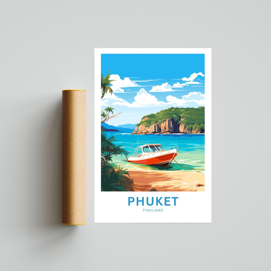 Phuket Thailand Travel Poster Orange Boat Anchored Tropical Bay Art - Image 4