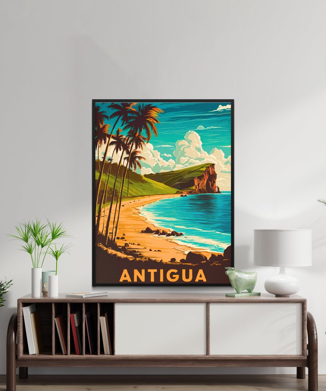 Antigua Vintage Caribbean Palm Beach Golden Cliffs Sunset Poster - Image 3