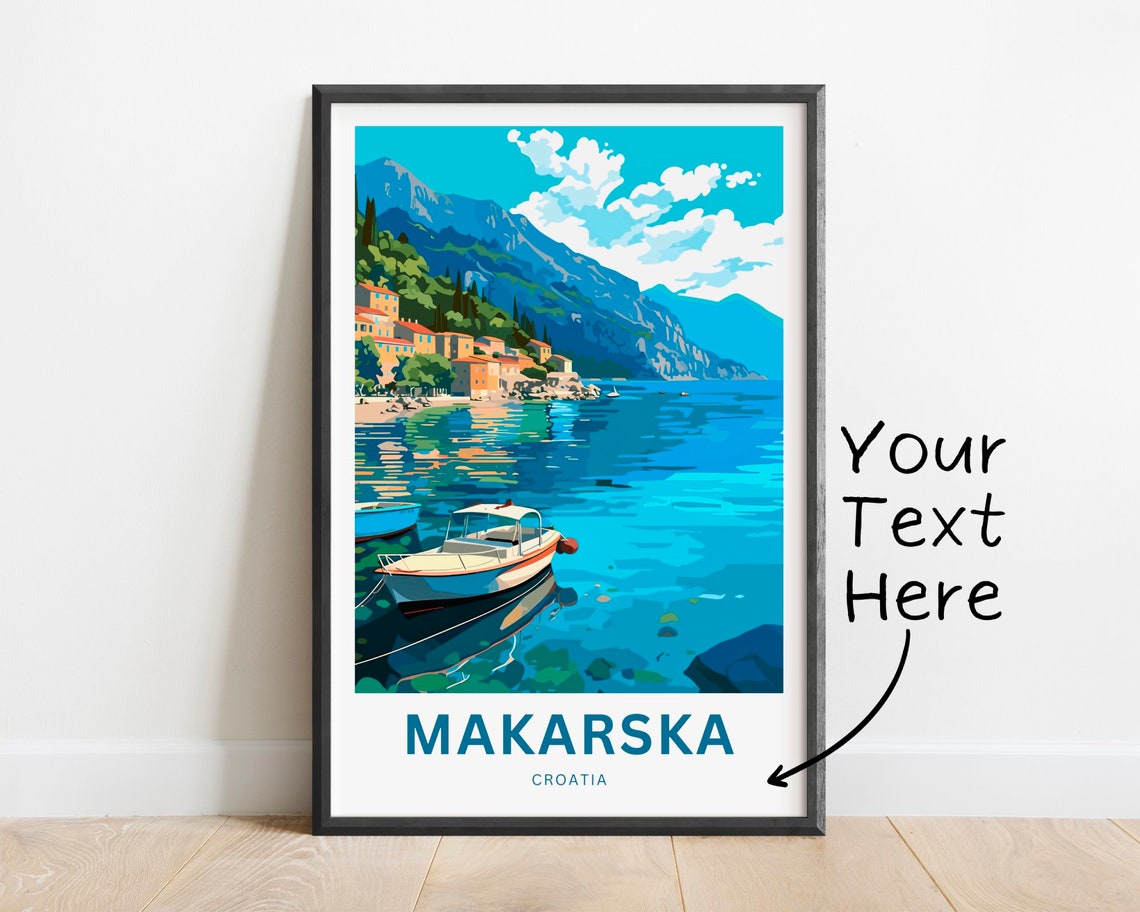 Personalized Makarska Croatia Harbor Boats Mountain View Poster