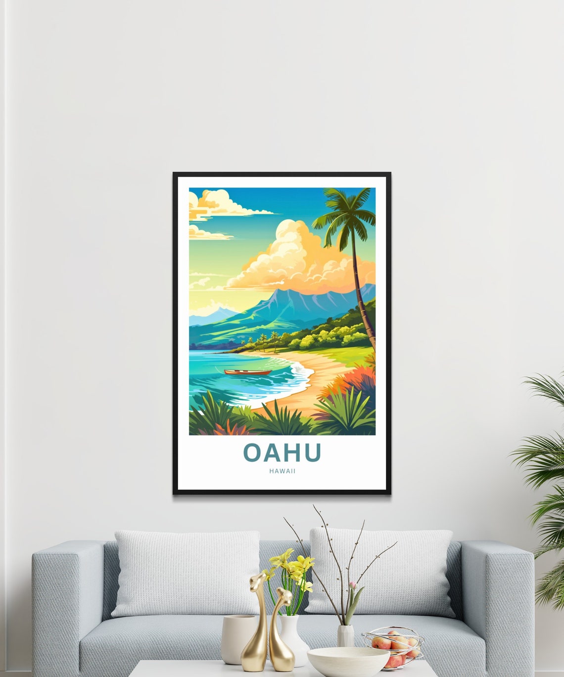 Personalized Oahu Hawaii Canoe Beach Turquoise Sea View Poster - Image 3
