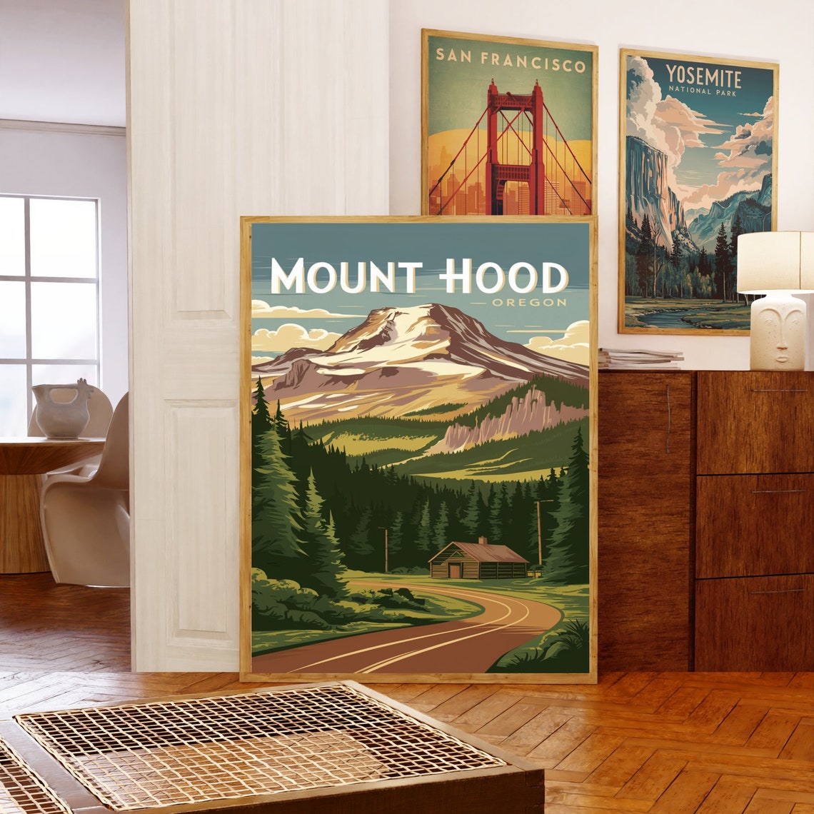 Mount Hood Oregon Vintage Poster with Sunrise over Pine Forest Cabin - Image 5