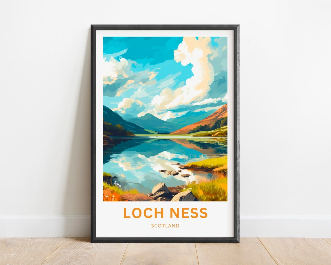 Loch Ness Scotland Mirror Calm Loch and Mountains Retro Poster