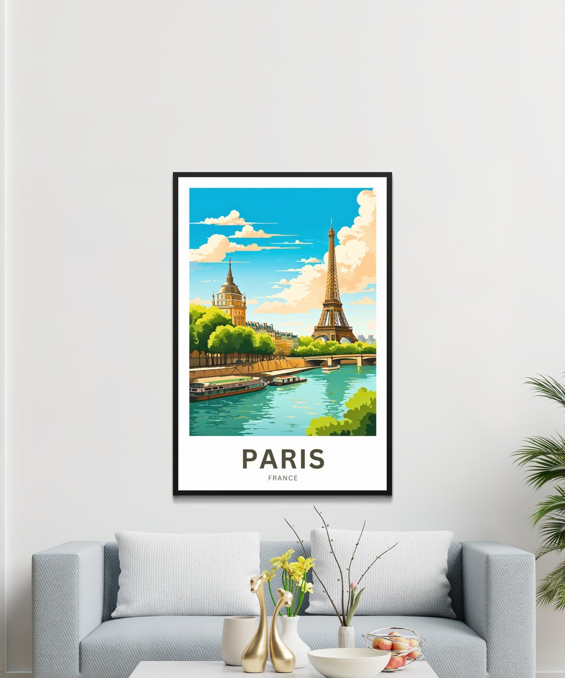 Paris France Eiffel Tower Riverbank Boats Bridge Scenic Travel Poster - Image 2