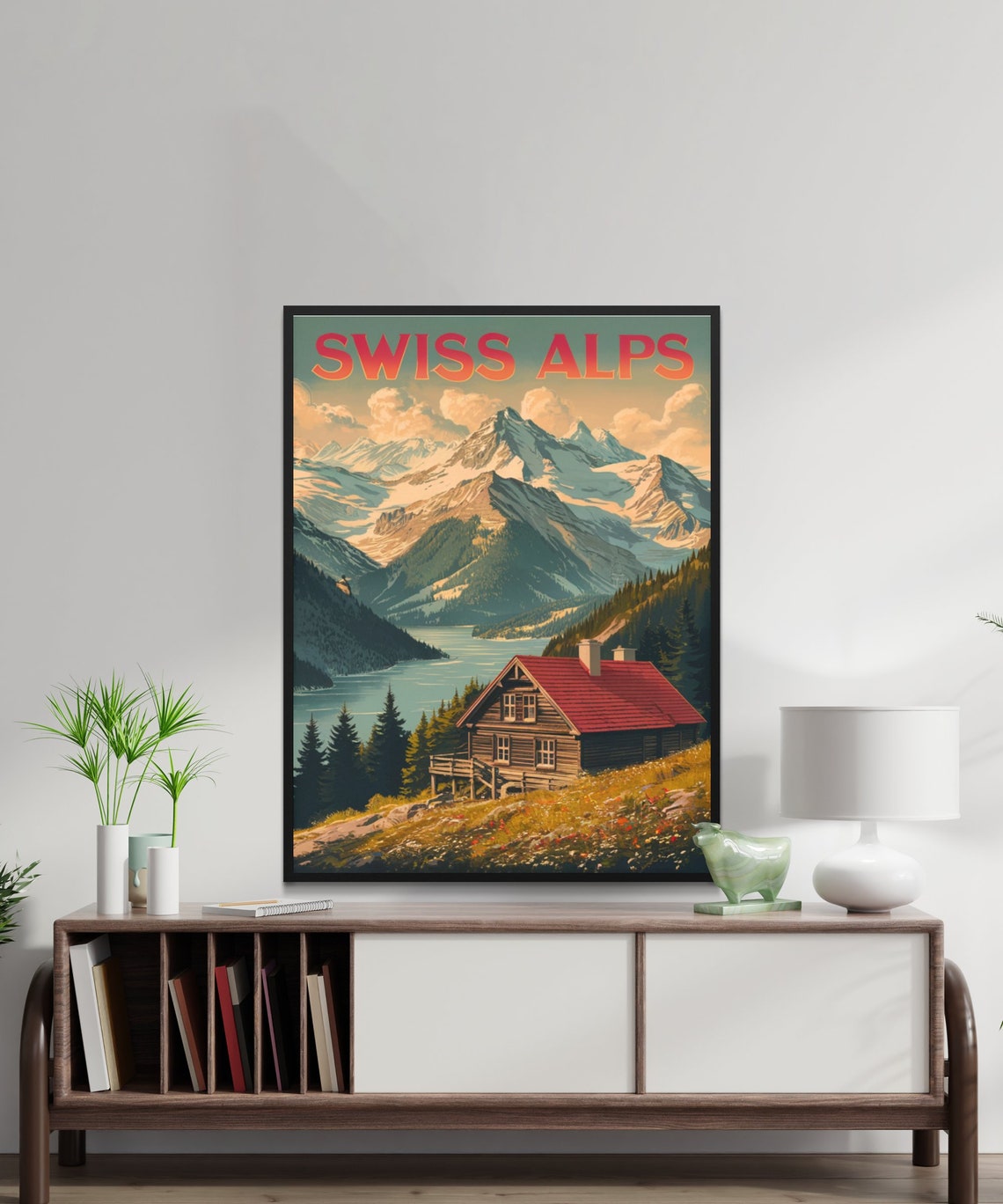 Swiss Alps Vintage Cabin by the Lake with Snowy Peaks Art Poster - Image 2