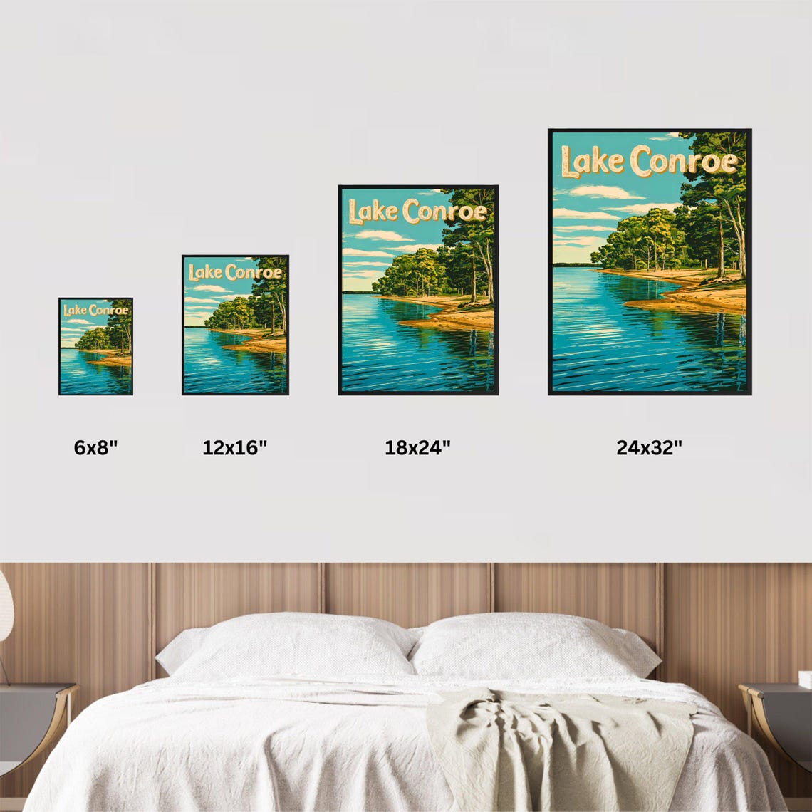 Lake Conroe Texas Travel Poster Curved Sandy Shore Pine Forest Art - Image 3