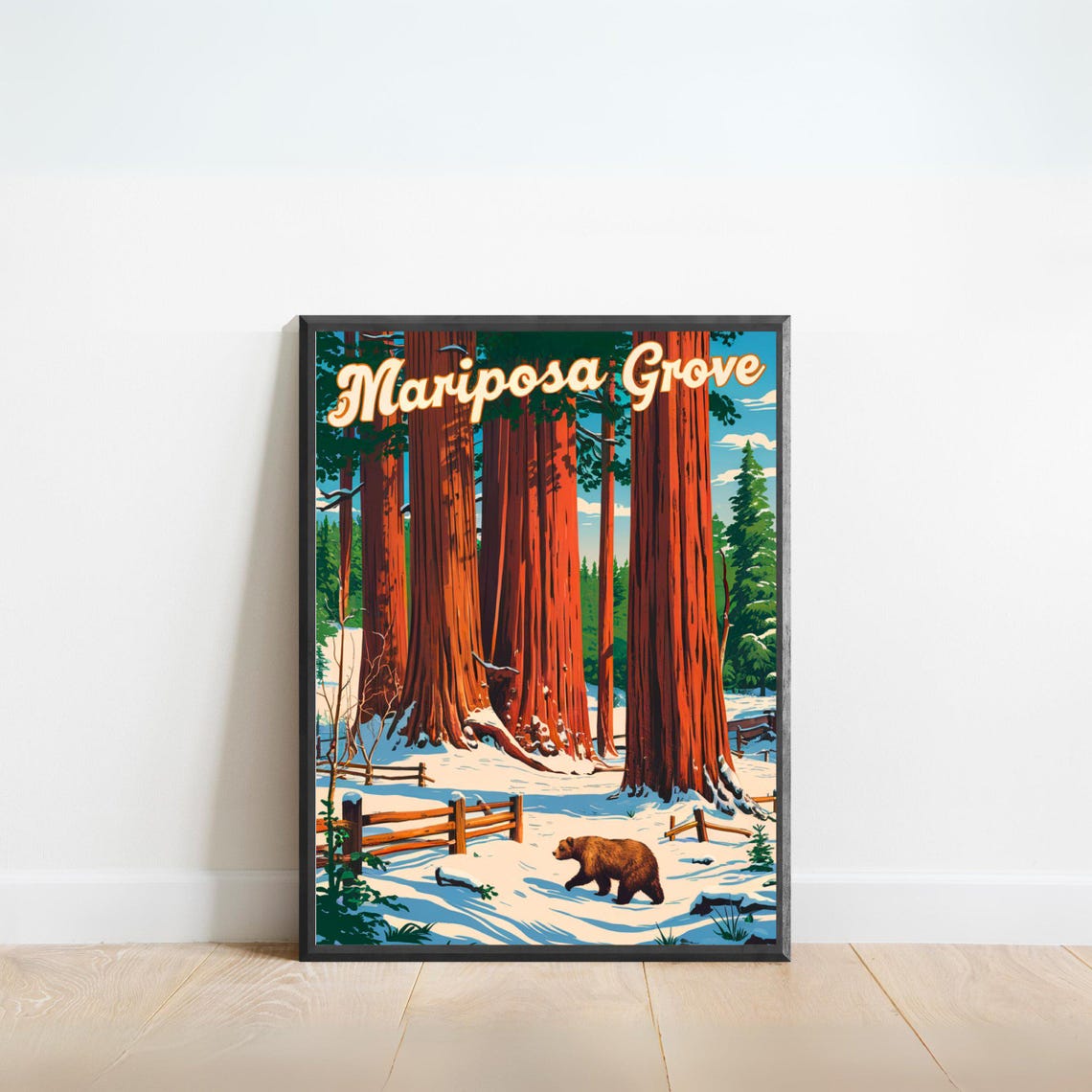 Mariposa Grove Winter Snow Sequoias Bear Vintage Travel Poster