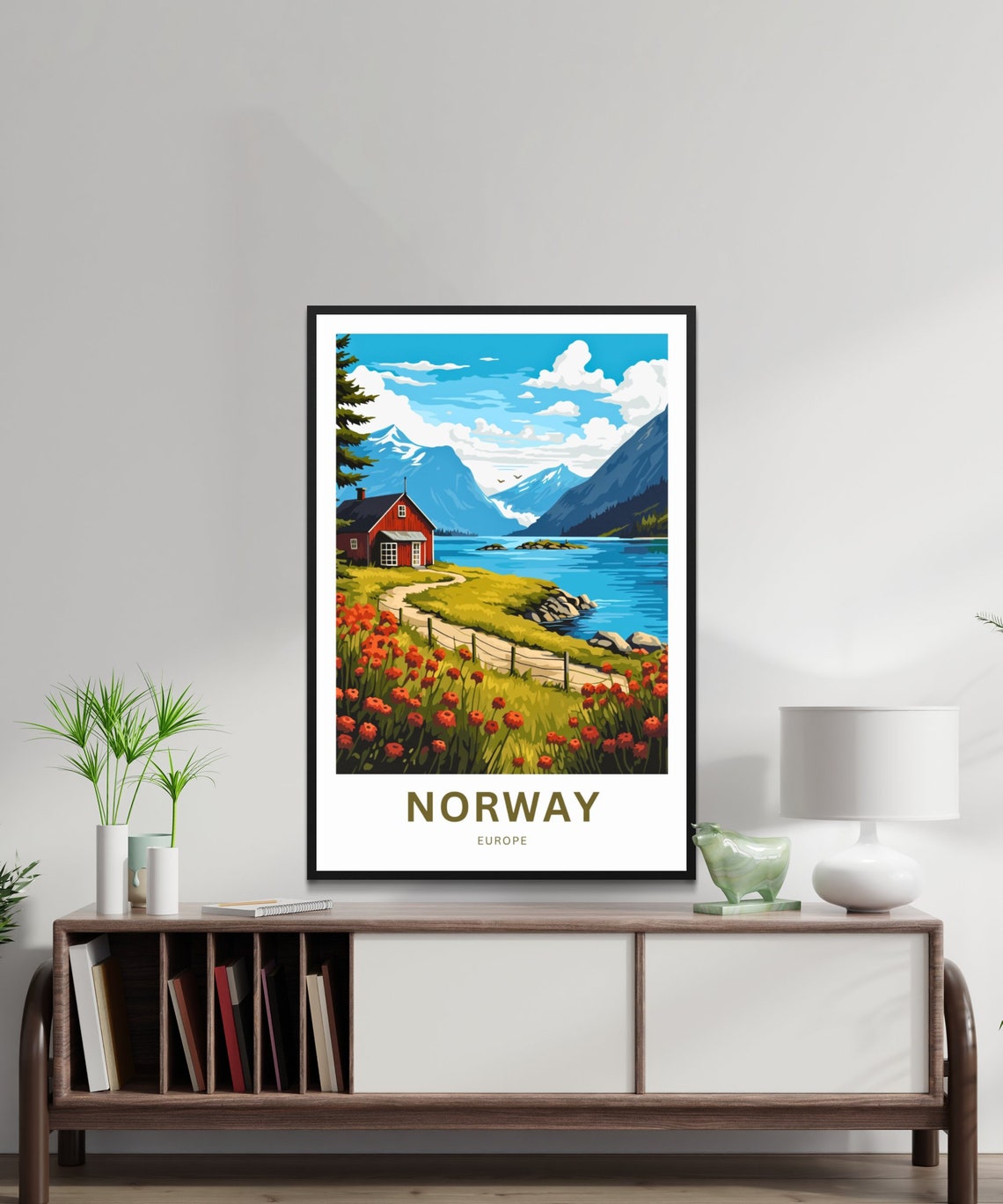 Personalized Norway Europe Travel Poster Red Cabin Alpine Lake Scene - Image 2