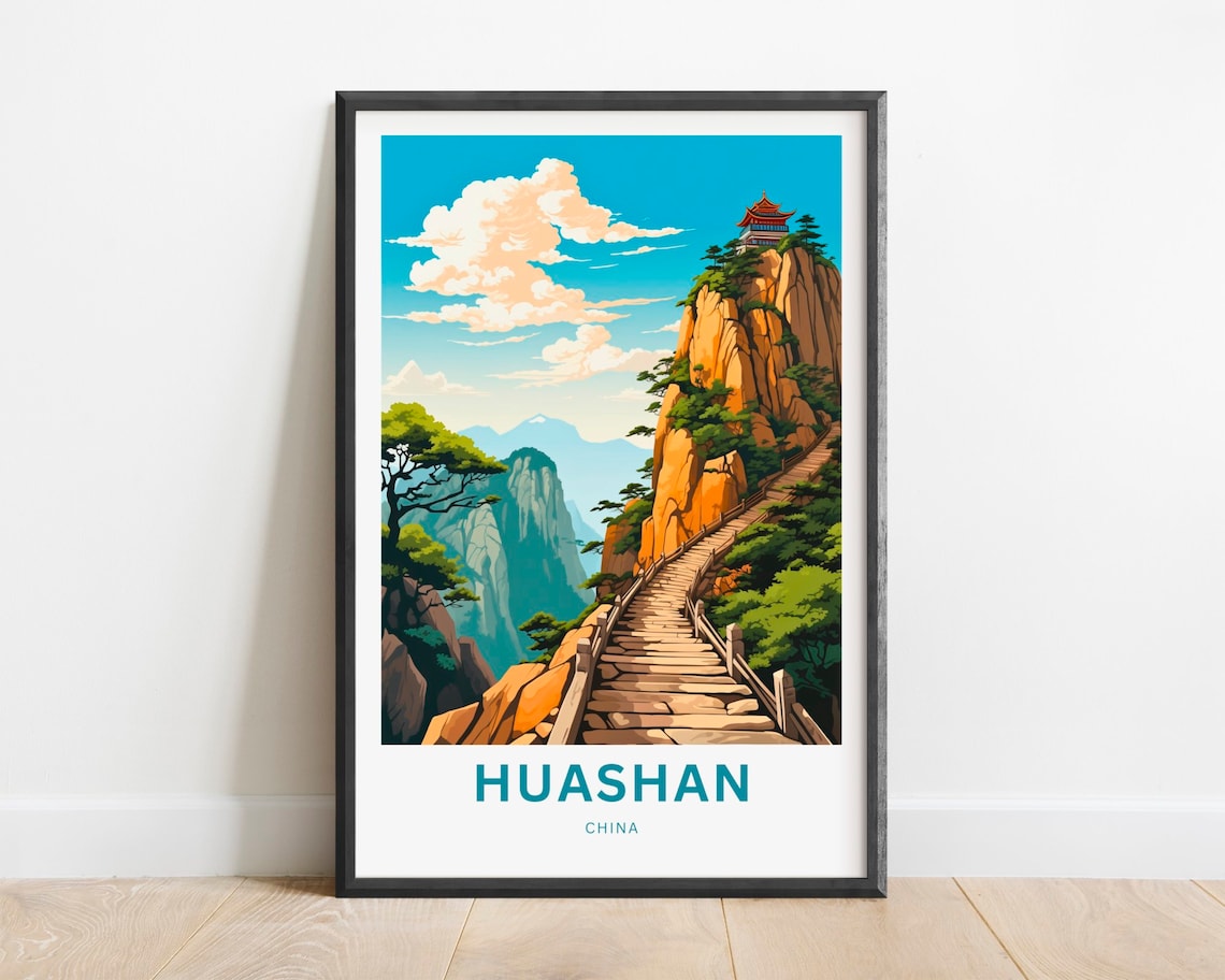 Huashan China Cliff Staircase Travel Poster Mount Hua Pavilion Mountain Art