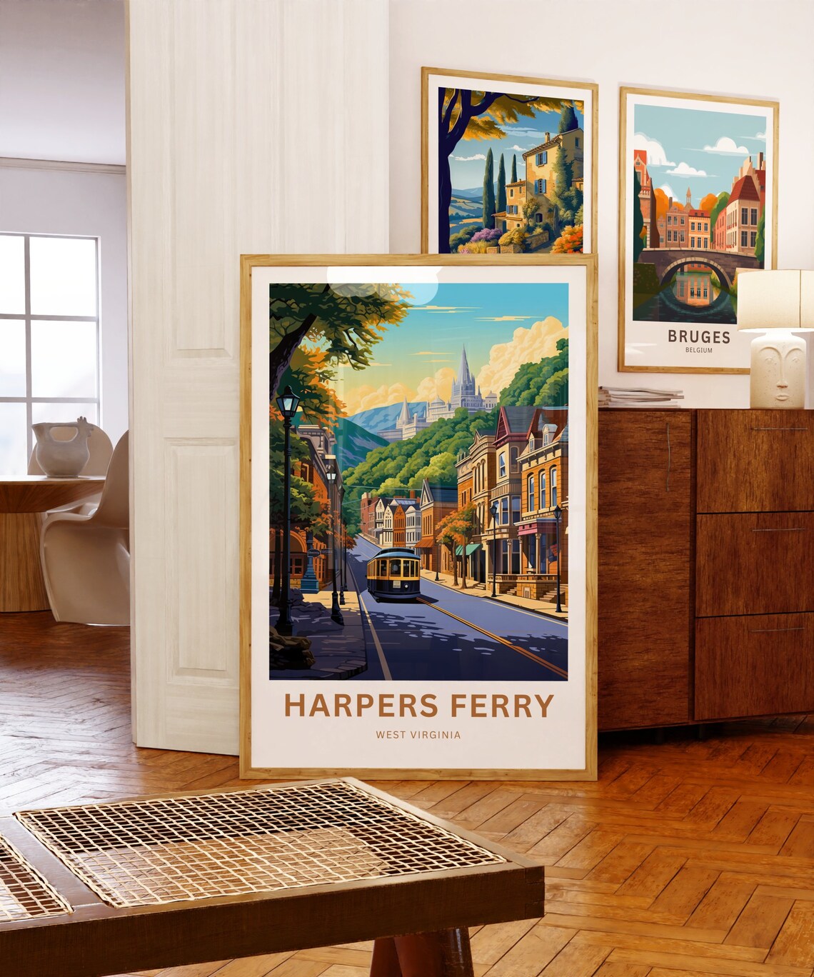Harpers Ferry Trolley Street with Hilltop Church Scene Travel Poster - Image 5