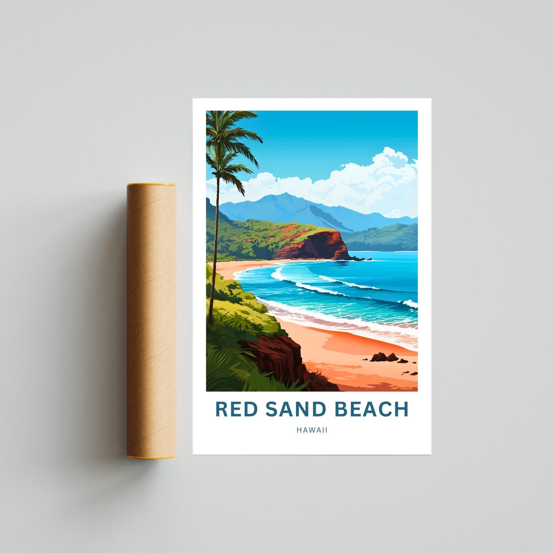 Red Sand Beach Hawaii Lone Palm Orange Sand Cove Customizable Poster - Image 4