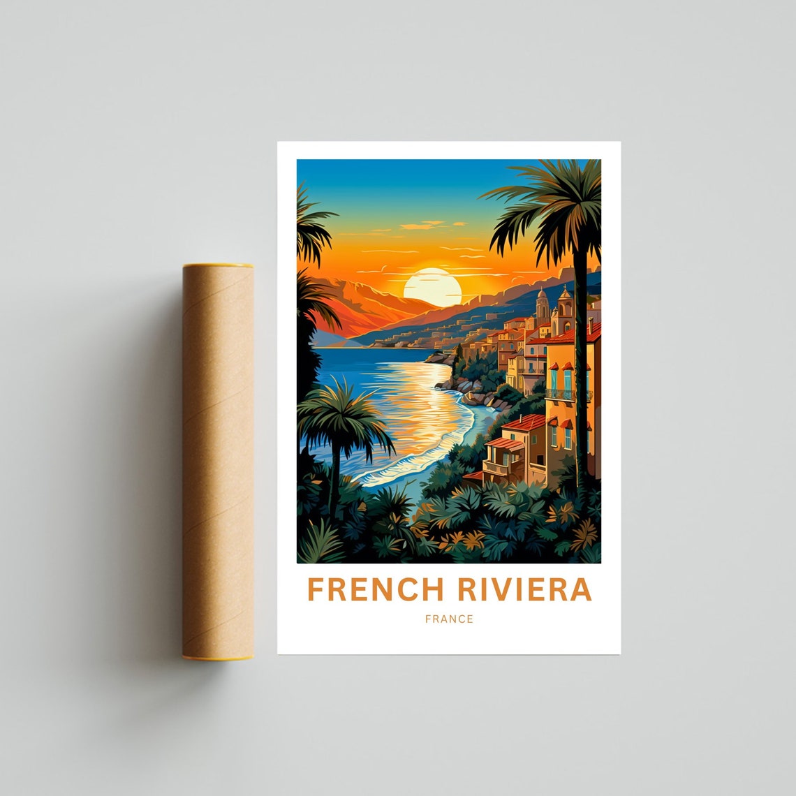 French Riviera France Sunset Over a Seaside Town Travel Poster - Image 4