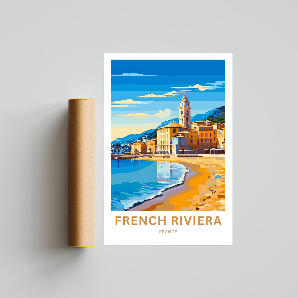 French Riviera France Travel Poster Golden Beach Clock Tower Town Art - Image 4