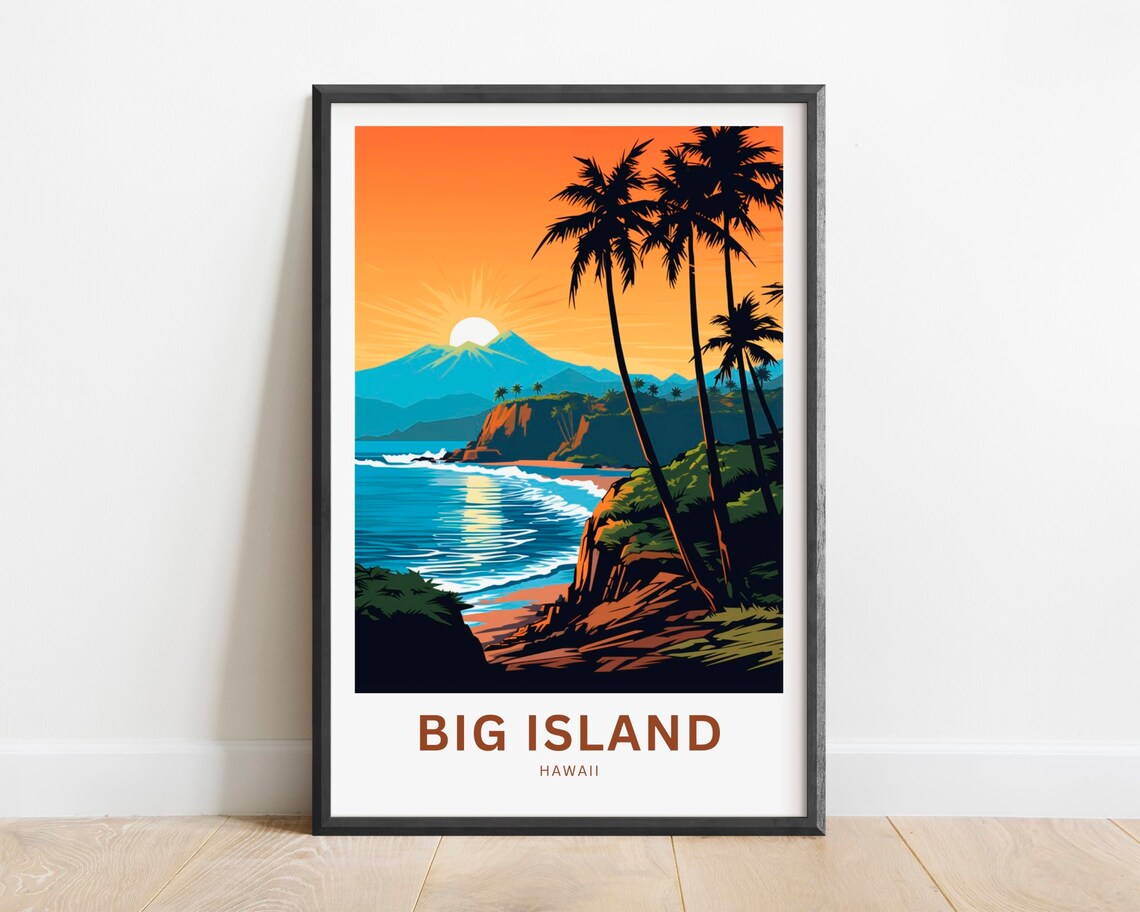 Big Island Hawaii Sunset Palm Silhouette Coast Travel Poster