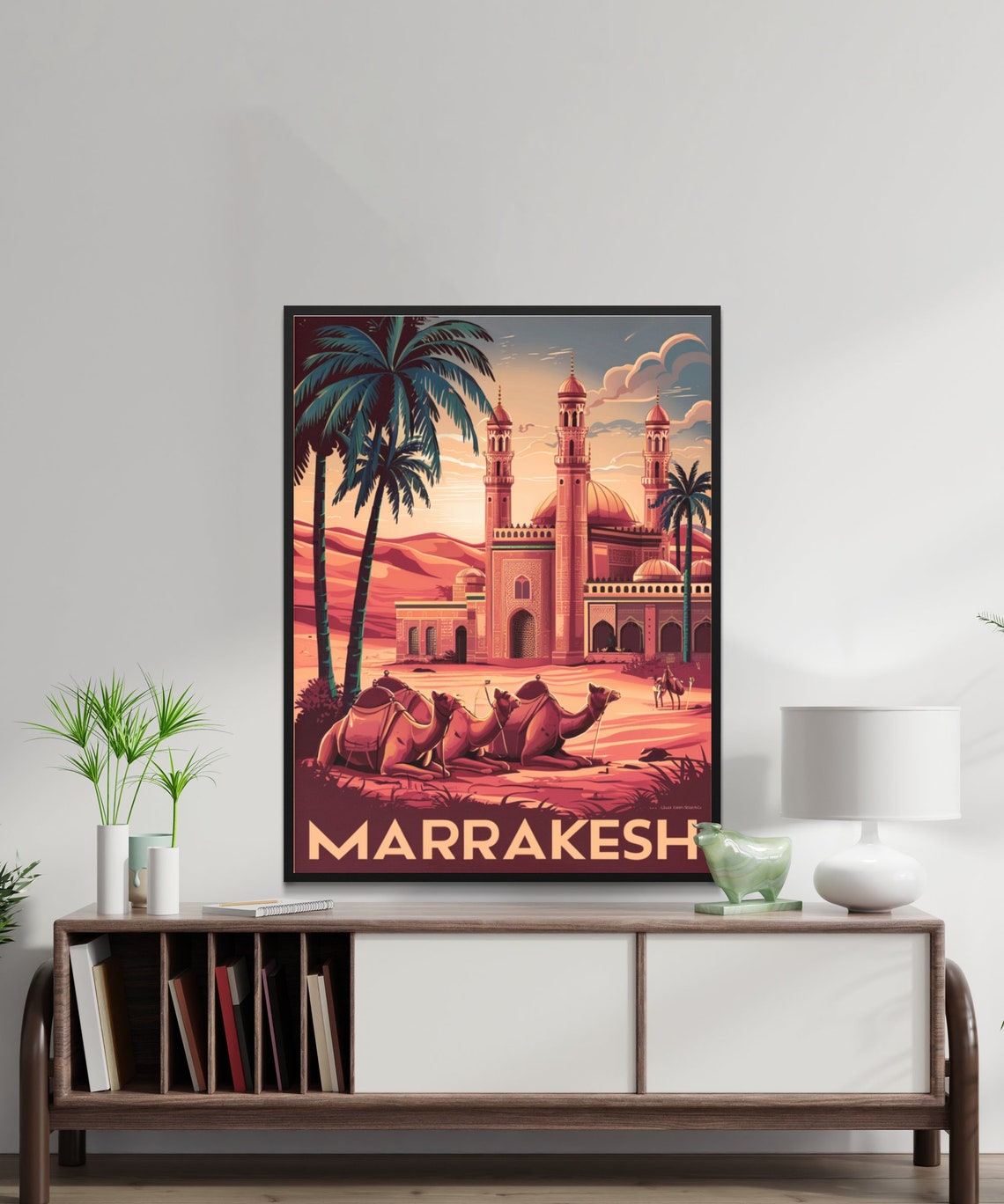 Marrakesh Morocco Mosque Minarets Camels Sunset Travel Poster - Image 3