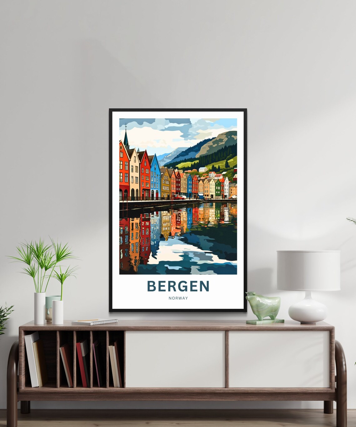 Bergen Norway Bryggen Wharf Harbor Reflections Colorful Travel Poster - Image 2
