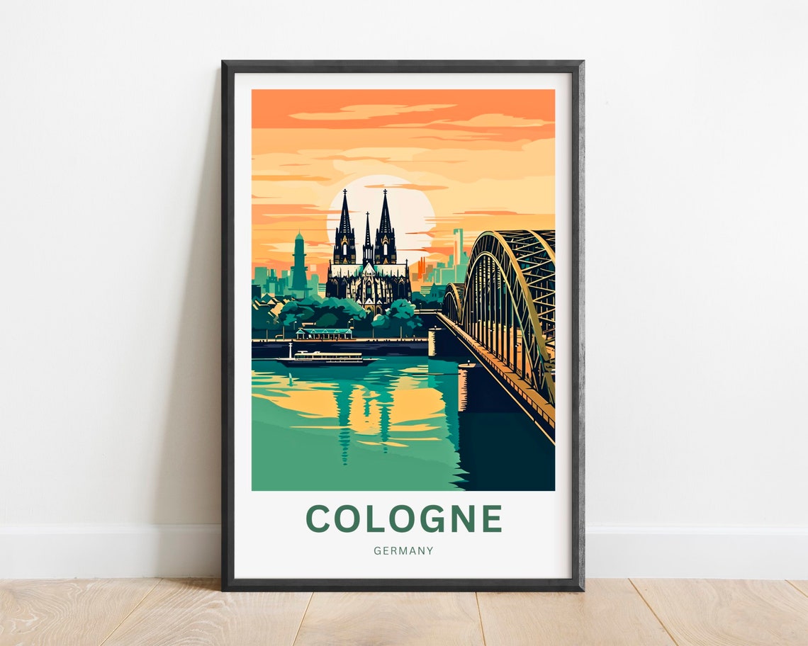 Cologne Germany Cathedral Sunset Over Rhine River View Poster