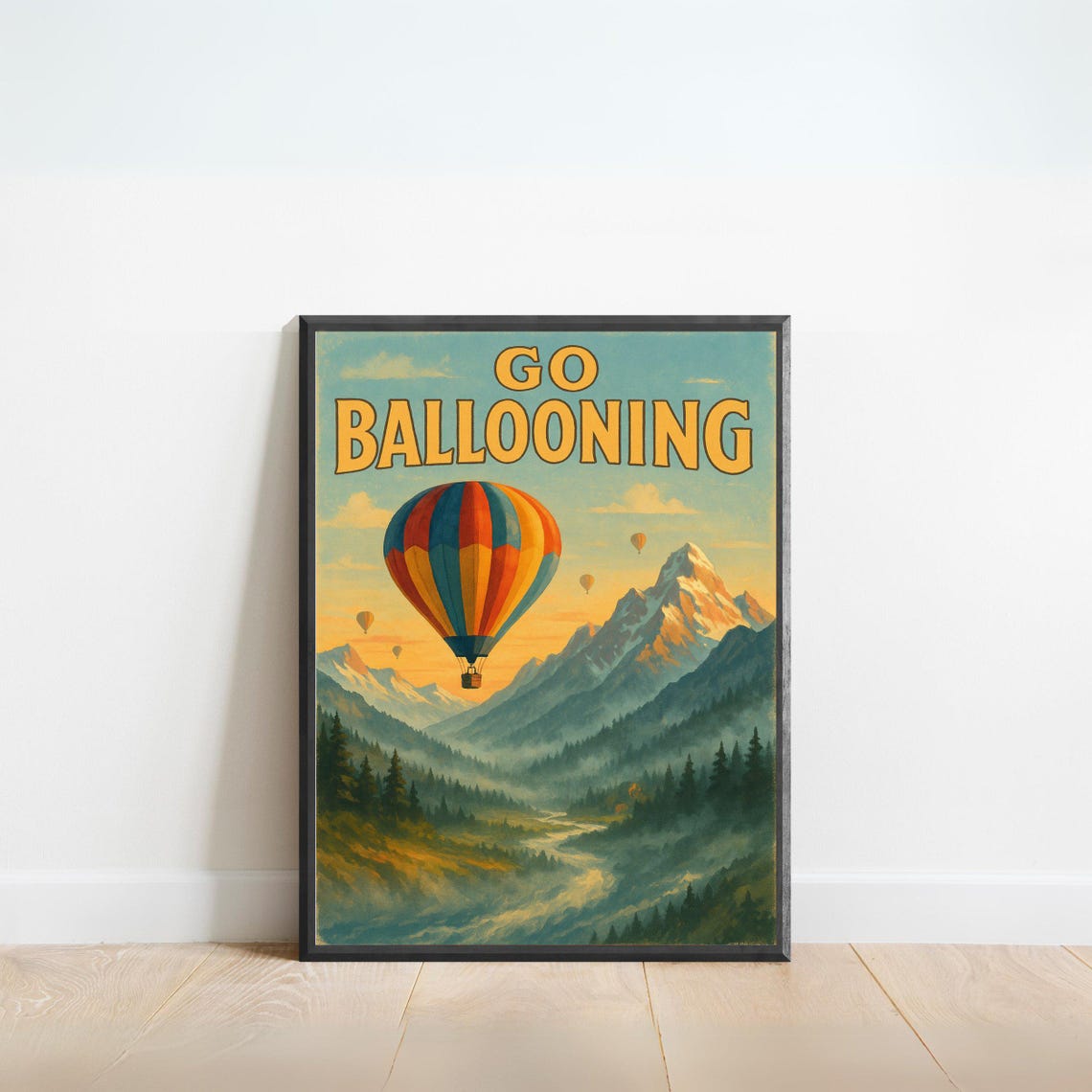 Go Ballooning Vintage Hot Air Balloon Mountain Retro Art Poster