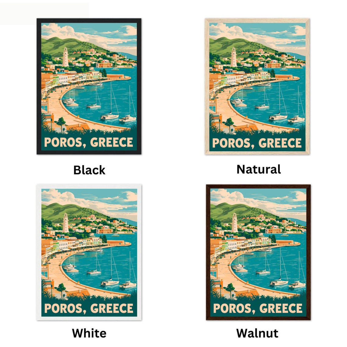 Poros Greece Vintage Teal Harbor Sailboats Travel Art Poster - Image 2