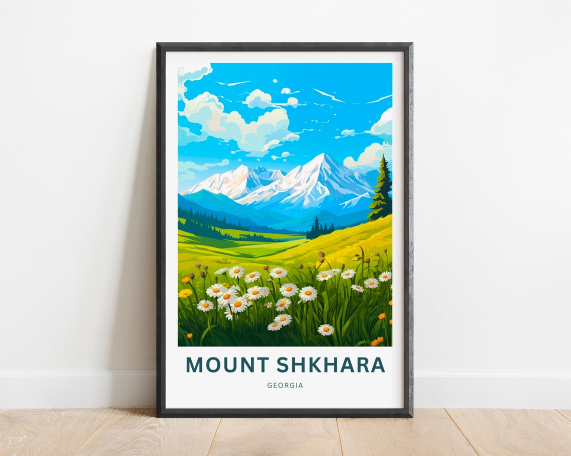 Mount Shkhara Georgia Snowy Peaks Daisy Meadow Travel Poster