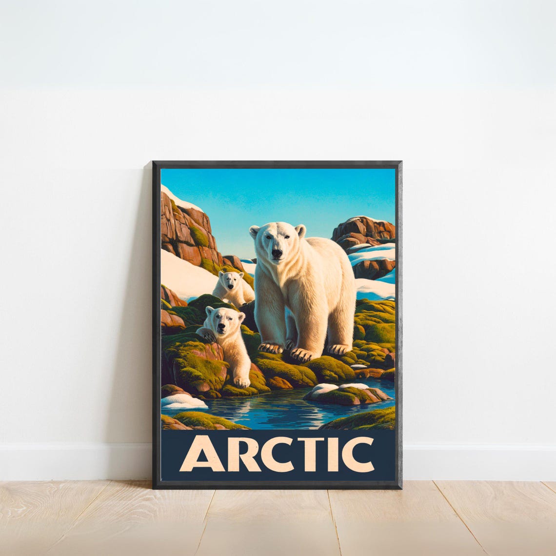 Arctic Polar Bear Two Cubs Rocky Shore Vintage Travel Poster