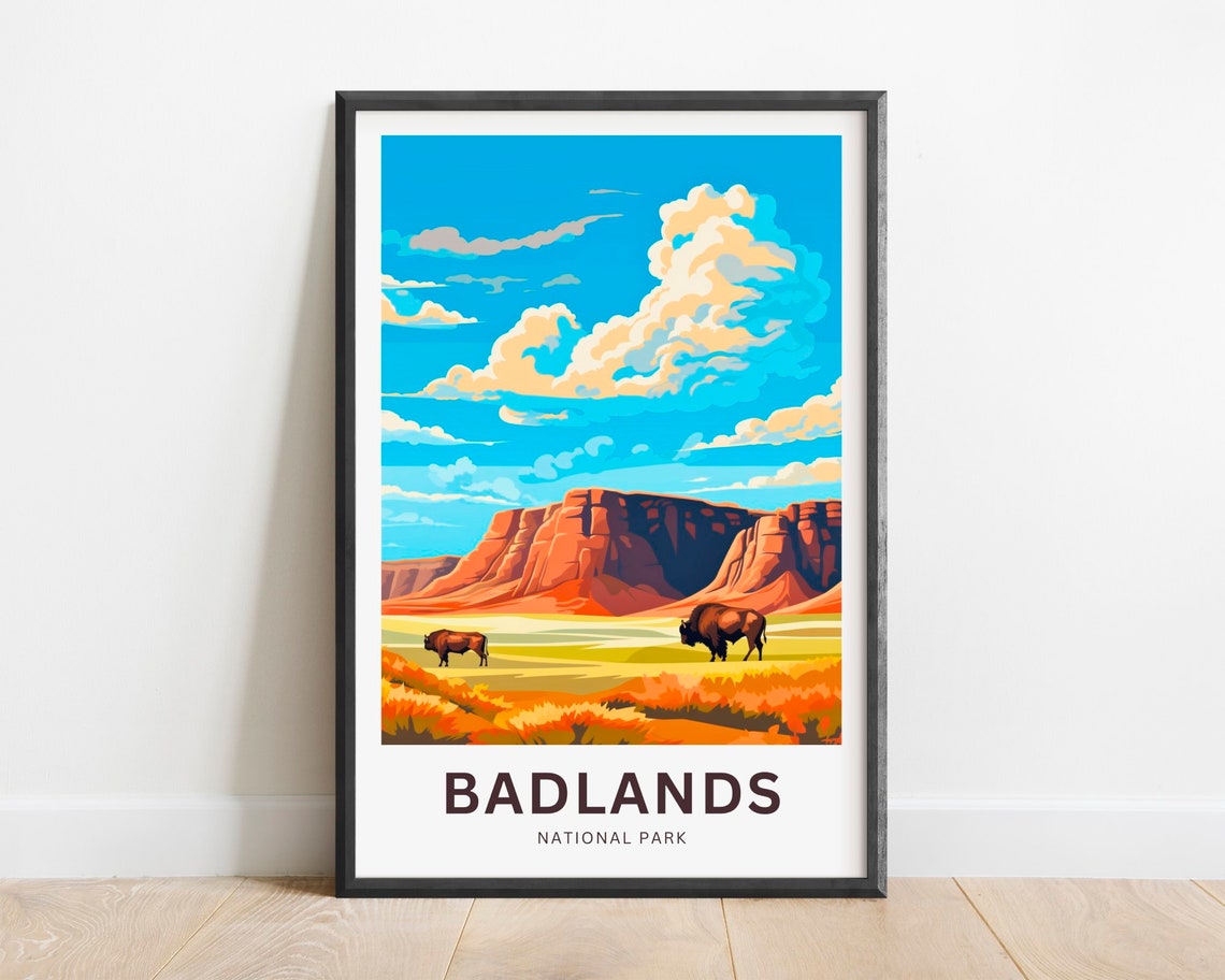 Badlands National Park Bison Herd Red Mesas Retro Travel Poster