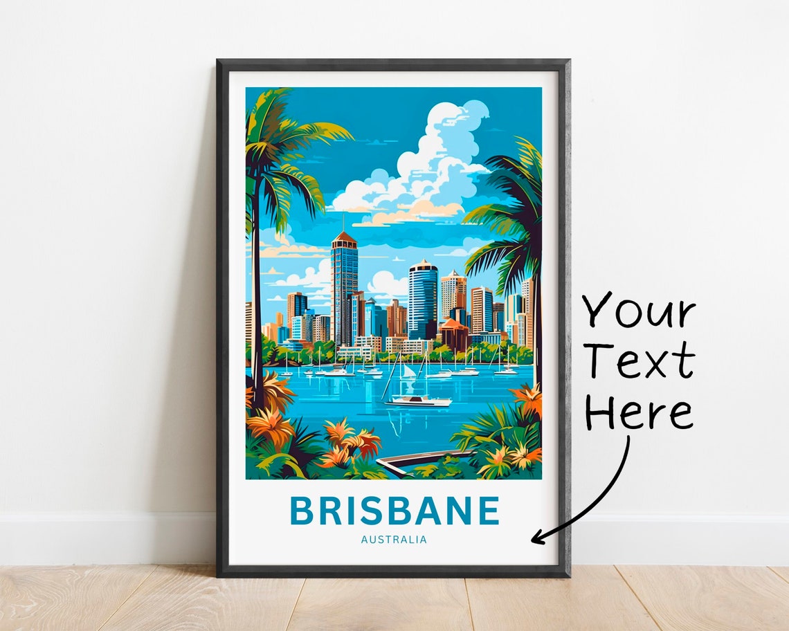 Personalized Brisbane Australia Palm Framed Skyline Vintage Poster