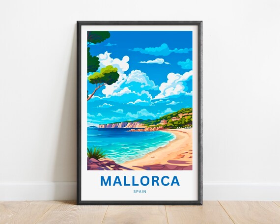 Mallorca Spain Turquoise Beach Cliffs Pine Tree Travel Poster Art