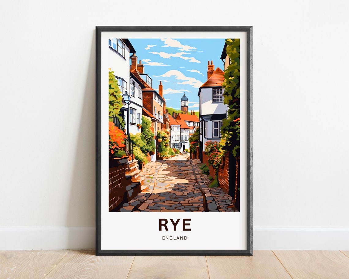 Rye England Historic Cobblestone Lane Illustrated Travel Poster